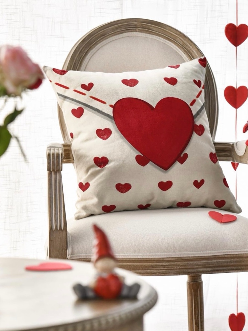 Red Heart Accent Pillow Cover on Cream Background